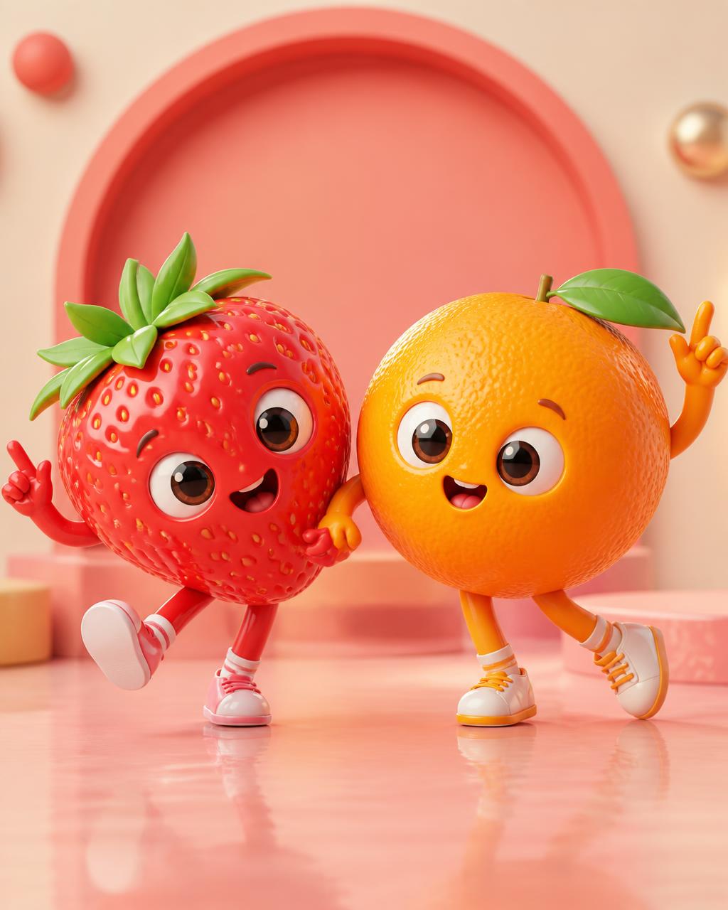 Two original 3D fruit characters, a strawberry and an orange, dancing together